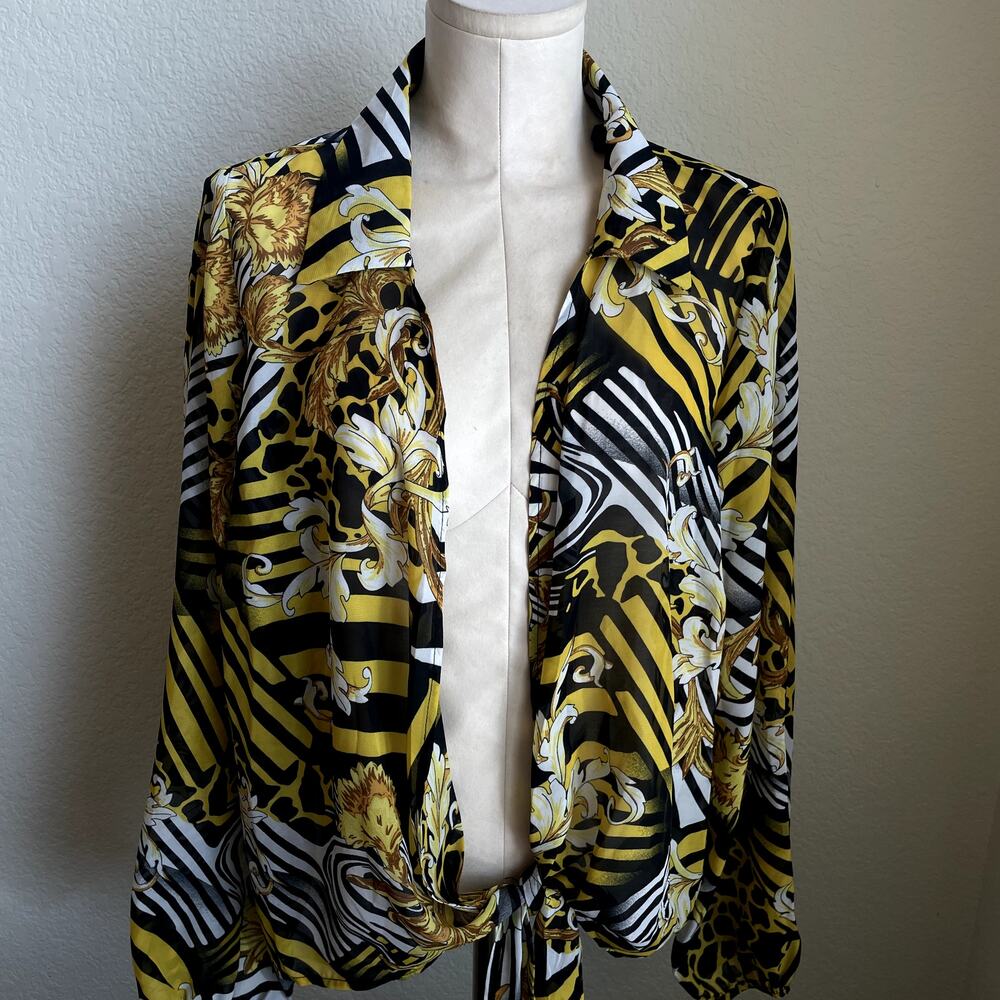 Love J yellow Black Baroque print chiffon sheer long sleeve blouse women plus 2X - Picture 4 of 8